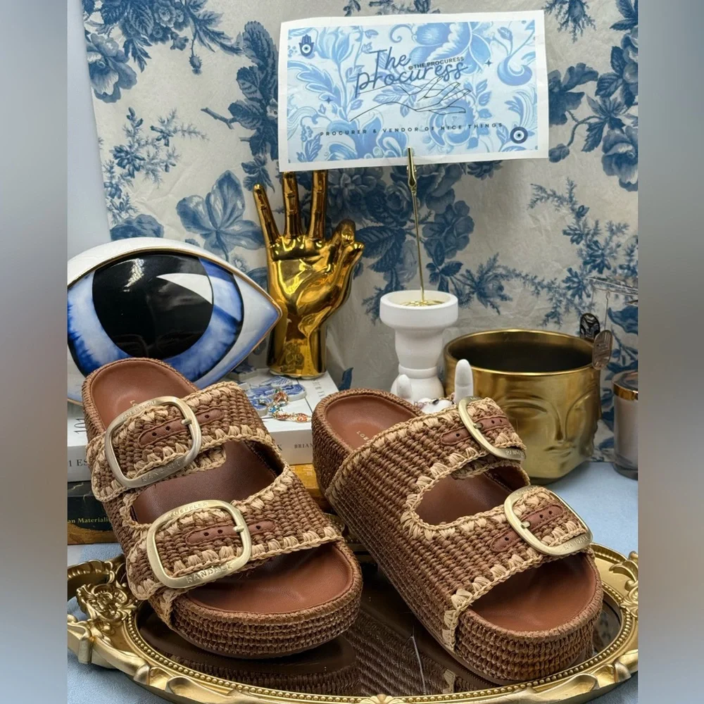 🆕 LOEFFLER RANDALL 🧿 NWOB Theo Embroidered Raffia Platform Sandal, Brown Sz 7